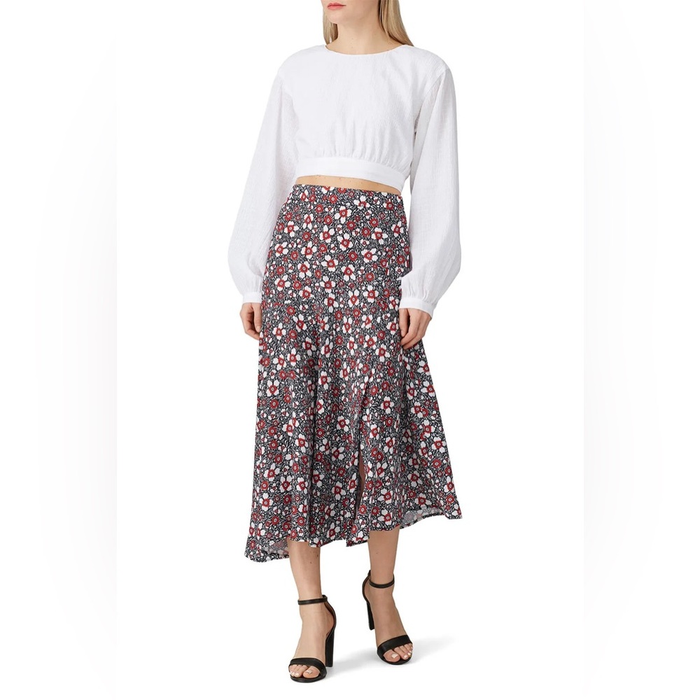 Rebecca Minkoff Black Floral A-Line Midi Skirt with Red and White Accents